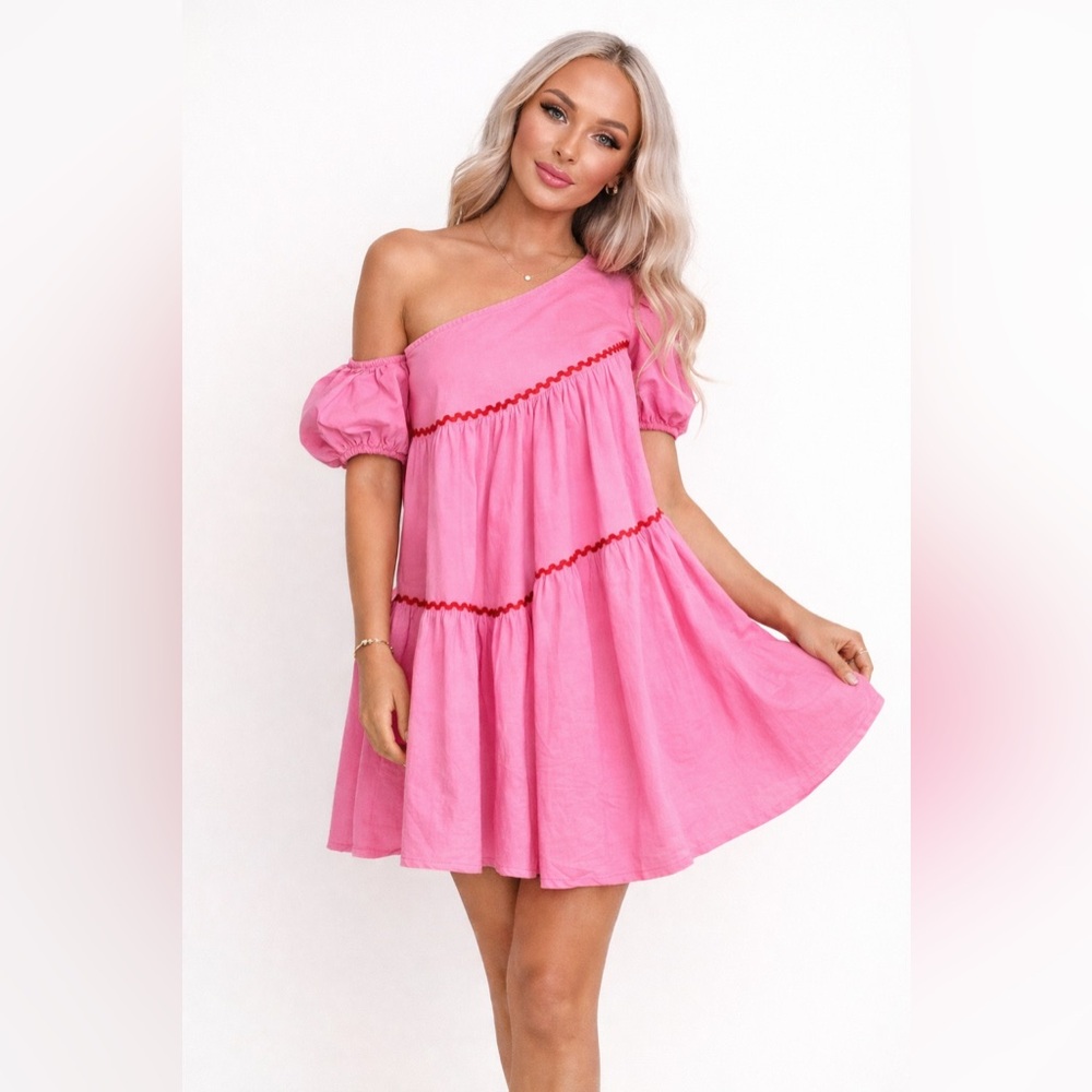 Anthropologie | Ultramarine Pink One-Shoulder Babydoll Dress Small